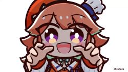 1girl :d animated artist_name beret blue_hair blush_stickers chef_hat chibi chroneco hat hololive hololive_english jacket light_blue_hair long_hair looking_at_viewer mini_hat multicolored_hair open_mouth orange_hair orange_jacket outstretched_arms purple_eyes reaching reaching_towards_viewer red_hat ribbed_sleeves simple_background smile solo takanashi_kiara takanashi_kiara_(1st_costume) two-tone_hair upper_body video virtual_youtuber white_background white_hat wide-eyed