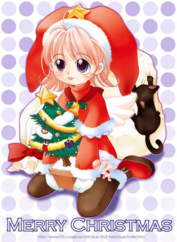 Rule 34 | 1girl, :p, animal, bad id, black cat, boots, bow, capelet, cat, christmas, christmas tree, closed mouth, dress, fur-trimmed boots, fur-trimmed capelet, fur-trimmed dress, fur-trimmed headwear, fur trim, hat, hatomugi (mamotan), holding, jester cap, medium hair, merry christmas, mini christmas tree, original, pantyhose, pink hair, purple eyes, red boots, red bow, red capelet, red dress, red hat, sack, santa costume, sitting, smile, solo, star (symbol), tongue, tongue out, tree-topper, wariza, watermark, web address, white wings, wings