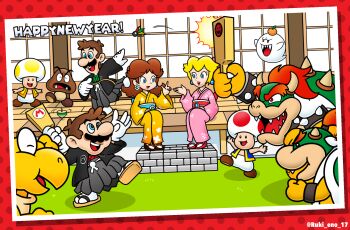 blonde_hair boo_(mario) bowser bowser_jr. brown_hair facial_hair food fruit goomba highres japanese_clothes japanese_house kimono koopa_troopa luigi mario mario_(series) mustache new_year nintendo orange_(fruit) playing princess_daisy princess_peach rukisan_1117 sitting smile toad_(mario) yukata