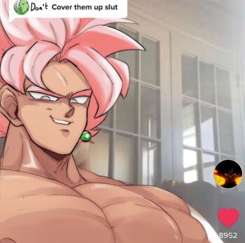 1boy bara commentary cover_them_up_slut_(meme) dialogue_box dragon_ball dragon_ball_super earrings english_commentary english_text evil_smile flexing_pectorals goku_black grin jewelry large_pectorals looking_at_viewer male_focus meme muscular muscular_male nipples nude pectorals photo_background pink_hair portrait potara_earrings sake_(sak3_xml) sanpaku short_hair smile solo spiked_hair super_saiyan super_saiyan_rose thick_eyebrows user_interface zamasu