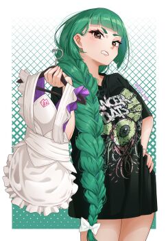 apron band_shirt black_shirt blunt_bangs bow bowtie braid braided_ponytail clothes_hanger commentary english_commentary green_hair highres holding holding_apron holding_clothes_hanger lebanne_(pokemon) long_braid long_hair long_shirt merchandise nintendo no_pants obi3 pokemon pokemon_legends:_z-a print_shirt shirt short_sleeves t-shirt tsurime unworn_apron white_bow