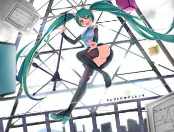 1girl aqua_eyes aqua_hair aqua_necktie arm_tattoo artist_request bad_id bad_pixiv_id bare_shoulders black_thighhighs blouse boots female_focus floating_hair from_below full_body hair_between_eyes hatsune_miku headphones headset high_heel_boots high_heels highres holding long_hair looking_at_viewer necktie number_tattoo open_mouth shirt skirt sleeveless sleeveless_shirt smile solo static tattoo thighhighs twintails v v4x very_long_hair vocaloid white_shirt