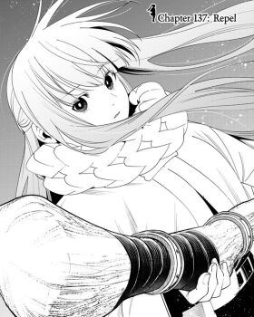 Rule 34 | 1girl, abe tsukasa, braided scarf, chapter number, coat, commentary, english commentary, fern (sousou no frieren), floating hair, holding, holding staff, jacket, long hair, long sidelocks, long sleeves, looking at viewer, monochrome, numbered, official art, parted lips, scarf, second-party source, sidelocks, sky, solo, sousou no frieren, staff, star (sky), winter clothes, wooden staff