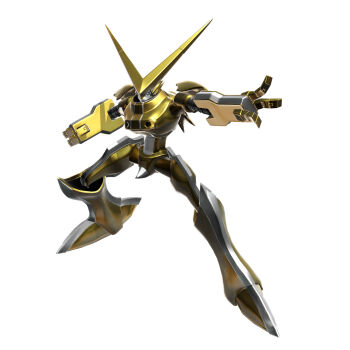 1boy 3d android armor bandai blue_eyes clenched_hand digimon digimon_world_-next_0rder- fangs full_armor highres horns looking_at_viewer machine no_humans official_art omegashoutmon sharp_teeth standing teeth