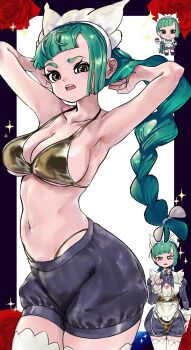 apron armpits bare_shoulders bikini bikini_top_only black_romper black_shorts blunt_bangs bow bowtie braid braided_ponytail breasts brown_eyes chibi cleavage clothes_hanger collarbone commentary flower gold_bikini green_hair highres holding holding_clothes_hanger holding_poke_ball juliet_sleeves large_breasts lebanne_(pokemon) long_braid long_hair long_sleeves maid maid_apron maid_headdress navel nintendo open_mouth panty_straps poke_ball poke_ball_(basic) pokemon pokemon_legends:_z-a puffy_sleeves romper rose shorts sparkle stomach sukoyaka_tsukasa swimsuit thighhighs tsurime white_bow white_bowtie white_thighhighs