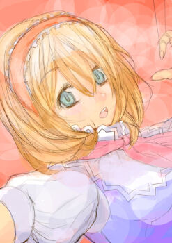 1girl alice_margatroid aqua_eyes blonde_hair blue_eyes female_focus hairband open_mouth short_hair sketch solo tank_(artist) touhou