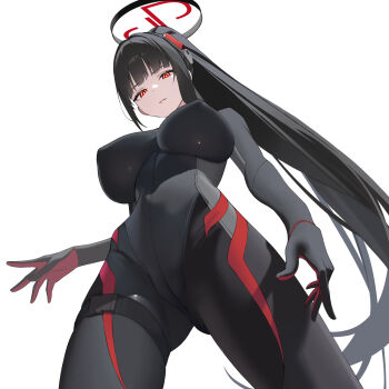 Rule 34 | 1girl, belt, black belt, black bodysuit, black hair, black halo, blue archive, bodysuit, breasts, breasts apart, bright pupils, buckle, cameltoe, covered erect nipples, cowboy shot, from below, gluteal fold, halo, headgear, highres, impossible bodysuit, impossible clothes, large breasts, latex, latex bodysuit, long hair, looking at viewer, looking down, official alternate costume, official alternate hairstyle, parted lips, ponytail, red eyes, ringed eyes, rio (armed) (blue archive), rio (blue archive), simple background, skin tight, snap-fit buckle, solo, standing, thigh belt, thigh strap, very long hair, white background, white pupils, yumeto (ym-1)
