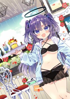 1girl :d absurdres bikini black_bikini black_halo blue_archive blue_eyes blue_jacket blush_stickers breasts chair collarbone commentary_request cup drink drinking_glass drinking_straw feet_out_of_frame halo halterneck hand_up highres holding holding_tray jacket long_hair long_sleeves looking_at_viewer mechanical_halo medium_breasts navel notamaru_2 open_clothes open_jacket open_mouth parted_bangs purple_hair smile solo standing swimsuit tray two_side_up yuuka_(blue_archive)