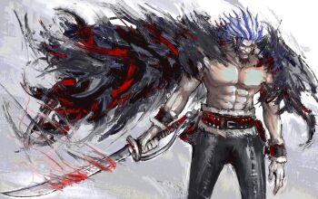 1boy abs absurdres beard blue_hair cape cowboy_shot earrings eyelashes facial_hair fur-trimmed_pants fur_cape fur_trim grin highres holding holding_sword holding_weapon jewelry kyezzzz large_pectorals male_focus medium_hair multicolored_hair muscular muscular_male one_piece painting_(medium) pants pectorals pirate rocks_d._xebec saber_(weapon) smile spiked_hair streaked_hair sword traditional_media two-tone_hair weapon white_hair wrist_cuffs