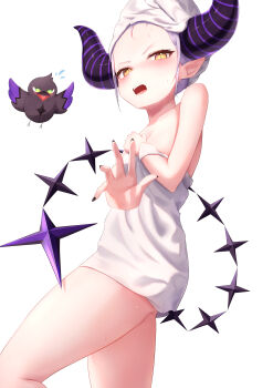 Rule 34 | absurdres, bare shoulders, black horns, black nails, collarbone, commentary request, crow (la+ darknesss), demon girl, demon horns, from below, highres, hololive, horns, la+ darknesss, looking at viewer, multicolored horns, nail polish, open mouth, pointy ears, purple horns, ramuneru, simple background, striped horns, tail, virtual youtuber, yellow eyes