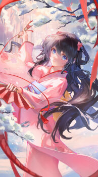 1girl absurdres black_hair blue_eyes branch cherry_blossoms closed_mouth commission cowboy_shot fan_dancing floating_hair flower folded_fan folding_fan from_side hair_flower hair_ornament hair_rings hand_fan hands_up highres higurashi_kagome holding holding_fan inuyasha japanese_clothes kimono long_hair long_sleeves looking_at_viewer outdoors pine_tree pink_flower pink_kimono red_fan red_ribbon ribbon second-party_source smile snow snow_on_tree solo tree wide_sleeves xiao_xiong_keke_aoi