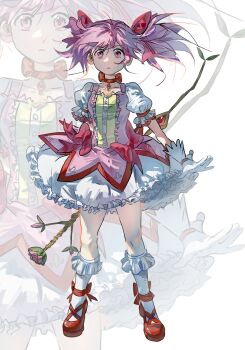 1girl absurdres arm_behind_back bow bow_(weapon) bow_choker bubble_skirt chinese_commentary choker commentary_request dress dress_bow frilled_dress frilled_skirt frilled_socks frills full_body gloves hair_bow highres holding holding_bow_(weapon) holding_weapon kaname_madoka kaname_madoka_(magical_girl) kneehighs looking_at_viewer magical_girl mahou_shoujo_madoka_magica mahou_shoujo_madoka_magica_(anime) pink_dress pink_eyes pink_hair red_choker red_shoes shoes short_hair short_twintails skirt socks solo standing straight-on twintails wang_yi_ling weapon white_background white_gloves white_skirt white_socks zoom_layer