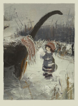 1girl absurdres boots border ciel_(paradis47) coat cross dinosaur egg graveyard grey_sky highres holding holding_egg impasto looking_at_animal mittens original outdoors painterly painting_(medium) sauropod scarf short_hair sky snow solo standing traditional_media white_border white_mittens winter winter_clothes winter_coat