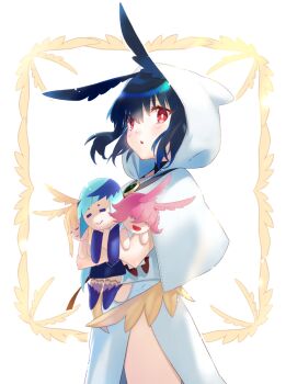 black_hair border bright_pupils brynhild_(fate) capelet character_doll commentary_request cowboy_shot crossed_arms doll fate/grand_order fate_(series) head_wings henoaokamoheji hildr_(fate) hood hood_up hooded_capelet hugging_doll hugging_object looking_at_viewer looking_to_the_side ornate_border ortlinde_(fate) outside_border red_eyes short_hair sideways_glance simple_background solo standing thrud_(fate) triangle_mouth valkyrie_(fate) white_background white_capelet white_pupils wings