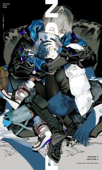 1boy 1girl alternate_costume belle_(zenless_zone_zero) black_background black_boots black_jacket black_pantyhose black_shirt blue_hair blue_skirt boots breasts brother_and_sister closed_eyes closed_mouth commentary denim english_commentary english_text green_eyes grey_hair highres hug jacket jeans large_breasts looking_at_viewer mzet pants pantyhose parted_lips revision shirt shoes siblings sitting skirt torn_clothes torn_pantyhose white_jacket white_shoes wise_(zenless_zone_zero) zenless_zone_zero