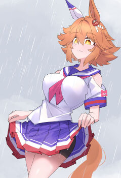 +_+ 1girl absurdres animal_ears bare_shoulders blush breasts cleavage clothes_lift clothing_cutout clover_hair_ornament commentary_request daruma_doll daruma_doll_hair_ornament ear_covers flipped_hair four-leaf_clover_hair_ornament good_fortune_symbol hair_between_eyes hair_ornament highres horse_ears horse_girl horse_tail large_breasts matikanefukukitaru_(rising_fortune)_(umamusume) matikanefukukitaru_(umamusume) orange_hair rain school_uniform shirt short_hair shoulder_cutout single_ear_cover skirt skirt_lift solo star-shaped_pupils star_(symbol) symbol-shaped_pupils tail umamusume yorozuya_(yoroz_ryobi)