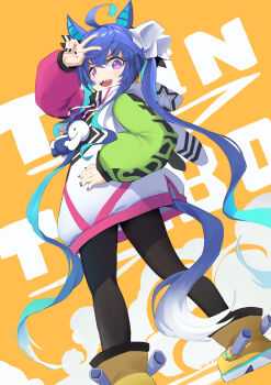 Rule 34 | 1girl, @ @, absurdres, ahoge, animal ears, black leggings, black nails, blue eyes, blue hair, blush, boots, character name, chinese commentary, coat, commentary, crossed bangs, drawstring, from side, heterochromia, highres, hood, hooded coat, hoodie, horse ears, horse girl, horse tail, leggings, long hair, long sleeves, looking at viewer, looking back, multicolored coat, multicolored hair, multicolored hoodie, open mouth, purple eyes, sharp teeth, smile, solo, stuffed animal, stuffed rabbit, stuffed toy, tail, teeth, twin turbo (blast mode! turbo engine) (umamusume), twin turbo (umamusume), twintails, umamusume, v, ye yemail, yellow boots