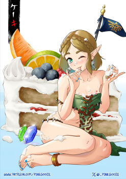 1girl ;p anklet armlet artist_name barefoot blonde_hair blue_nails braid breasts cake cake_slice commentary cream_on_breasts crown_braid english_commentary feet flag food full_body gradient_background green_eyes gurinsensei highres jewelry legs licking licking_finger medium_breasts nail_polish navel nintendo one_eye_closed pointy_ears princess_zelda rupee_(zelda) short_hair sitting solo the_legend_of_zelda the_legend_of_zelda:_tears_of_the_kingdom toenail_polish toenails toes tongue tongue_out translated