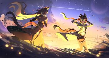 2girls absurdres animal_ears black_hair black_thighhighs blue_eyes brown_hair coat contrail dream_journey_(reminder_of_dreamland)_(umamusume) dream_journey_(umamusume) ear_covers glasses gloves goggles hair_between_eyes highres horse_ears horse_girl horse_tail long_hair long_sleeves multicolored_hair multiple_girls night night_sky open_mouth outdoors pants power_lines puffy_sleeves shirt sky smile spindrift star_(sky) stay_gold_(umamusume) streaked_hair sunset tail thighhighs umamusume utility_pole white_hair