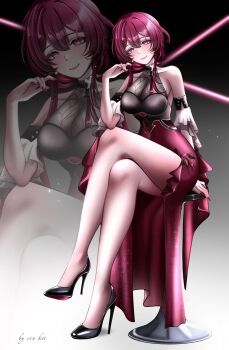 Rule 34 | 1girl, artist name, bare shoulders, black shoes, blush, breasts, cleavage, closed mouth, commentary, crossed legs, detached sleeves, dress, ern kri, fingernails, full body, hair between eyes, hand up, high heels, highres, honkai: star rail, honkai (series), kafka (honkai: star rail), large breasts, looking at viewer, nail polish, purple eyes, purple hair, purple nails, see-through cleavage, see-through clothes, shoes, short hair with long locks, sitting, sleeveless, sleeveless dress, smile, solo, white sleeves, zoom layer