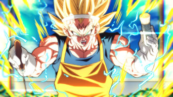 1boy apron aura black_eyeliner blonde_hair commentary_request dragon_ball dragon_ball_super dragonball_z electricity eyeliner facial_mark forehead_mark green_eyes hachimaki headband holding holding_brush majin_vegeta makeup male_focus muscular muscular_male open_mouth orange_apron pectoral_cleavage pectorals rom_(20) scene_reference smile solo super_saiyan super_saiyan_2 upper_body vegeta veins white_headband widow's_peak