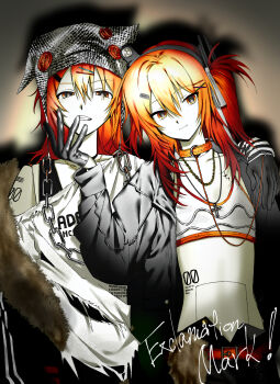 Rule 34 | 2girls, a.i. voice, absurdres, adachi rei, alternate costume, android, beanie, black gloves, black jacket, chain, chain necklace, commentary request, cropped shirt, cross, cross necklace, dual persona, fur-trimmed jacket, fur trim, gloves, grey hat, hand on another's face, hand on another's shoulder, hand up, hat, highres, hirune (suiminbusoku118), jacket, jewelry, leash, lens eye, long hair, looking at viewer, multiple girls, multiple necklaces, necklace, open clothes, open jacket, orange eyes, orange hair, partial commentary, shadow, shirt, torn clothes, torn shirt, upper body, utau, white shirt