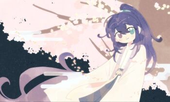 1boy aqua_eyes black_eyes blue_hair cherry_blossoms chinese_clothes closed_mouth coat cowboy_shot flower half_updo hanfu heterochromia hong_lu_(project_moon) limbus_company looking_at_viewer pink_flower project_moon sidelocks smile solo tree white_coat white_hanfu yesheng_zong_ren