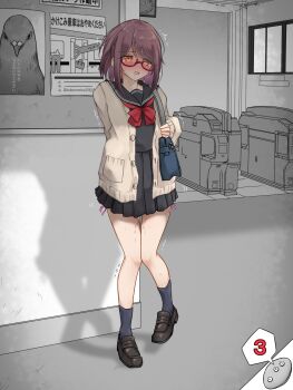 1girl arm_behind_back artist_name bag black_sailor_collar black_shirt black_shoes black_skirt blue_leotard blush bow bowtie brown_cardigan buttons cardigan clock controller drooling fare_gate female_focus flat_chest full_body glasses grey_background half-closed_eyes hand_up high-waist_skirt highres indoors japanese_text kakuremino7928 knees_together_feet_apart leg_up legs leotard long_sleeves miniskirt nose_blush open_cardigan open_clothes open_mouth orange_eyes original panties partially_colored pink_panties pleated_skirt pocket poster_(object) public_indecency purple_hair pussy_juice red-framed_eyewear red_bow red_bowtie remote_control remote_control_vibrator sailor_collar saliva school_uniform semi-rimless_eyewear serafuku sex_toy shirt shoes short_hair shoulder_bag side-tie_panties side-tie_peek skirt sleeves_past_wrists socks solo speech_bubble standing standing_on_one_leg sweat tears thigh_gap thighs translation_request trembling twitter_username underwear vibrator vibrator_under_clothes wavy_mouth window