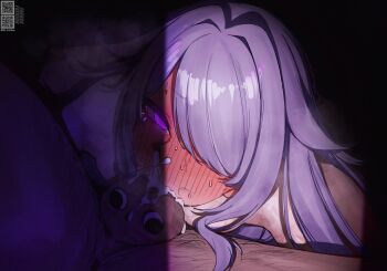 1boy 1girl blush commentary cum cum_in_mouth cum_in_nose cum_overflow english_commentary fellatio full-face_blush gem hair_flaps hair_over_one_eye hetero highres hololive hololive_english jewel_under_eye koseki_bijou mr_thecatman nude oral paid_reward_available penis purple_eyes purple_gem purple_hair sidelocks solo_focus stray_pubic_hair sweat swept_bangs testicles uncensored virtual_youtuber