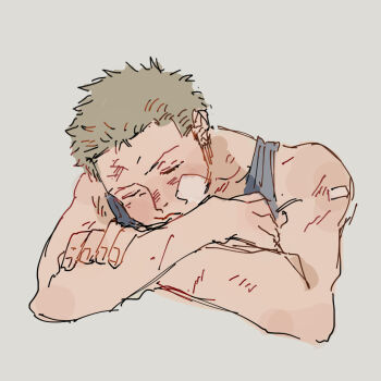 1boy bandages green_hair male_focus one_piece roronoa_zoro simple_background skypiea sleeping solo tank_top