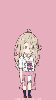 1girl black_socks blonde_hair blush bow brown_shoes chibi chibi_only collared_shirt commentary_request grey_skirt highres imigimuru knees long_hair make_heroine_ga_oo_sugiru! official_art partially_unbuttoned pink_background pink_bow pink_sweater pleated_skirt purple_bow ribbon school_uniform second-party_source shikiya_yumeko shirt shoes short_sleeves simple_background skirt socks solo standing sweater tied_sweater tsuwabuki_high_school_uniform unbuttoned very_long_hair white_shirt