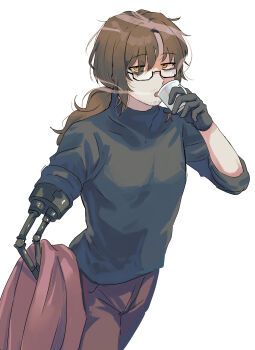 1boy alternate_costume amputee bags_under_eyes black-framed_eyewear black-framed_glasses black_gloves black_sweater brown_hair closed_mouth coffee coffee_mug commission cowboy_shot cup drinking expressionless eyes_visible_through_hair facial_hair feet_out_of_frame glasses gloves gregor_(project_moon) hair_between_eyes half-closed_eyes hand_up highres holding holding_cup holding_unworn_clothes holding_unworn_jacket jacket jitome joints kikkoinu limbus_company long_hair long_sleeves looking_at_viewer low_ponytail male_focus mechanical_arms messy_hair mug open_mouth pants parted_bangs ponytail project_moon prosthesis prosthetic_arm purple_jacket purple_pants sanpaku semi-rimless_eyewear simple_background single_mechanical_arm sleeves_pushed_up sleeves_rolled_up solo standing steam steaming_cup stubble sweater turtleneck turtleneck_sweater under-rim_eyewear unworn_jacket white_background yellow_eyes