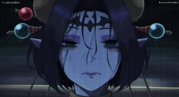 1girl bags_under_eyes black_background black_hair close-up dclaret digimon digimon_(creature) eyeshadow facial_mark forehead_mark highres lilithmon makeup purple_eyeshadow purple_lips rain reze's_eye_twitch_(chainsaw_man) solo