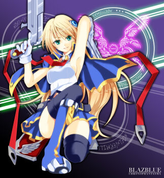 1girl arc_system_works belt black_thighhighs blazblue blazblue:_chronophantasma blazblue_insignia blonde_hair blue_boots blue_capelet blue_skirt bolverk boots breasts capelet character_name commentary crest dual_wielding gloves green_eyes gun hair_ornament handgun holding holding_weapon holster ivuki long_hair medium_breasts necktie noel_vermillion red_necktie sideboob skirt smile solo thighhighs translated weapon white_gloves