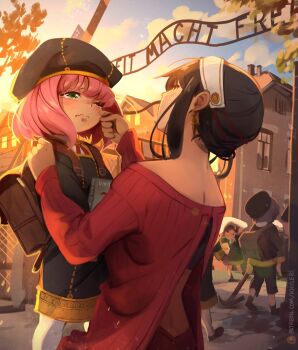 1boy 3girls anachronism anya_(spy_x_family) auschwitz backpack bad_id bad_twitter_id bag becky_blackbell black_dress black_hair black_headwear blush book boom_barrier brown_bag building chain-link_fence child chimney closed_mouth cloud comforting commentary crying day dress earrings eden_academy_school_uniform english_commentary fence gate german_text gold_trim green_eyes hairband highres holding holding_book holding_pickaxe house jewelry khyle. long_hair long_sleeves looking_at_another mother_and_daughter multiple_girls museum nazi neck_ribbon necktie one_eye_closed outdoors pantyhose patreon_logo patreon_username people pickaxe pink_hair real_world_location red_necktie red_sweater ribbon school_uniform shirt short_hair sky smoke spy_x_family straight_hair sweater tearing_up tears translated twintails watermark wavy_mouth web_address white_pantyhose white_shirt window wiping_tears yor_briar