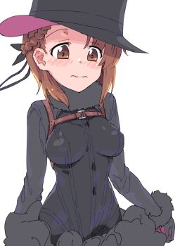 Rule 34 | 1girl, ange (princess principal), ange (princess principal) (cosplay), black bodysuit, blush, bodysuit, braid, breasts, brown eyes, brown hair, closed mouth, cosplay, covered navel, girls und panzer, hair ribbon, hat, highres, large breasts, monolith (suibou souko), nishizumi miho, princess principal, ribbon, simple background, solo, top hat, wavy mouth, white background