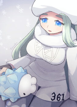 1girl blue_eyes blue_skin breasts caterpillar colored_skin commentary_request earrings fur_collar fur_hat gen_8_pokemon hat highres jewelry large_breasts long_hair long_sleeves mature_female melony_(pokemon) multicolored_hair nintendo open_mouth pantyhose pantyhose_under_shorts pearl_earrings pokemon pokemon_swsh shorts side_slit side_slit_shorts smile snom streaked_hair sweater totennko ushanka white_hat white_skin white_sweater worm