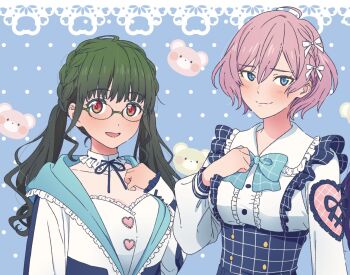 2girls anosillus_ii blue_background blue_bow blue_eyes blue_ribbon blush bow braid brown_hair closed_mouth collarbone crown_braid detached_collar dress frilled_dress frills glasses green_hair gridman_universe hair_ribbon hand_on_own_chest long_hair long_sleeves looking_at_viewer mujina multiple_girls neck_ribbon nikonishi red_eyes ribbon short_hair smile ssss.dynazenon ssss.gridman twintails upper_body white_ribbon