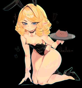 1girl animal_ears black_background black_choker black_leotard black_shoes blonde_hair blue_eyes breasts choker closed_mouth commentary_request detached_collar dr._stone drill_hair fake_animal_ears francois_(dr._stone) full_body high_heels highres holding holding_tray leotard looking_at_viewer parted_bangs playboy_bunny pointy_ears rabbit_ears shoes short_hair small_breasts solo strapless strapless_leotard thighs tray usa37107692 white_wrist_cuffs wrist_cuffs