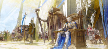 4girls 6+boys armor asymmetrical_horns barefoot blacksmith blue_robe boc_the_seamster braid braided_hair_rings breastplate brown_robe cape chair character_request cleaning_rag closed_eyes commentary_request diallos_(elden_ring) dress elden_ring erdtree_(elden_ring) full_armor gauntlets green_dress hair_rings hand_on_cane hat helmet highres holding holding_polearm holding_staff holding_weapon horns hunched_over iron_fist_alexander jar_bairn juno_hoslow knight leyndell_knight lin_nulixiulian masked melina_(elden_ring) mimic_tear_(elden_ring) mismatched_horns monkey morgott_the_omen_king multiple_boys multiple_girls multiple_horns open_mouth outdoors patches_(fromsoftware) pauldrons polearm red_cape red_hood robe roderika_(elden_ring) rya_(elden_ring) shoulder_armor sitting slouching smithing_master_hewg soldier sorcerer_rogier sorceress_sellen squatting staff standing stone_mask tarnished_(elden_ring) uneven_horns weapon white_hair wide_brim wizard_hat