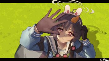 1girl absurdres ahoge animal_ears binoculars black_hair blue_archive blue_shirt brown_gloves closed_mouth commentary fake_animal_ears furrowed_brow gloves halo hand_up highres leaf leaf_on_head letterboxed long_hair long_sleeves looking_at_viewer miyu_(blue_archive) paper_box school_uniform shadow shirt signature solo translation_request untranslatable_commentary