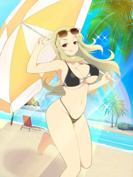 1girl :q animal_print barefoot beach beach_chair beach_umbrella bikini black_bikini blonde_hair blue_eyeshadow blush breasts chair cleavage collarbone deck_chair eyeshadow eyewear_on_head folding_chair groin heavy_lens_flare holding holding_umbrella island large_breasts lens_flare leopard_print leopard_print_eyewear linea_alba long_hair looking_at_viewer lounge_chair makeup mole mole_under_mouth mountainous_horizon navel ocean official_art palm_leaf palm_tree red_eyes sand senran_kagura senran_kagura_new_wave senran_kagura_shinovi_versus shiki_(senran_kagura) shiny_skin smile solo sparkle standing standing_on_one_leg swimsuit tongue tongue_out tree two-tone_umbrella umbrella underboob v v-shaped_eyebrows water white_trim white_umbrella yellow_umbrella