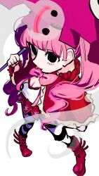 Rule 34 | 1girl, ao 6336, black eyes, blunt bangs, boots, bow, bowtie, capelet, commentary, from above, ghost, highres, holding, holding umbrella, one piece, pantyhose, perona, pink bow, pink bowtie, red capelet, solo, striped clothes, striped pantyhose, twintails, umbrella