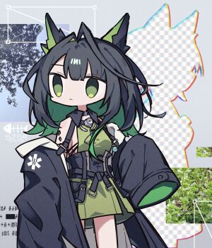 1girl arknights bare_shoulders black_hair black_jacket breasts closed_mouth colored_inner_hair crystal_horns dress green_dress green_eyes green_hair highres jacket jacket_partially_removed long_hair material_growth mon3tr_(arknights) multicolored_hair oripathy_lesion_(arknights) oversized_clothes rasarasu sleeveless sleeveless_dress sleeves_past_fingers sleeves_past_wrists solo star_of_life