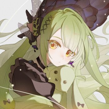 1girl animal_ears bang_dream! bang_dream!_it&#039;s_mygo!!!!! black_bonnet black_choker blunt_bangs bonnet chinese_commentary choker closed_mouth commentary_request floating_hair floppy_ears gothic_lolita green_hair grey_background hair_ornament highres holding holding_stuffed_toy lolita_fashion long_hair looking_at_viewer rabbit_ears rabbit_girl sidelocks solo stuffed_animal stuffed_rabbit stuffed_toy upper_body wakaba_mutsumi wakaba_mutsumi_(marionette&#039;s_id) x_hair_ornament xiaoqiu_vi yellow_eyes