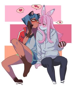 2girls bare_legs black_pants blue_hair blue_shorts blush brand_new_animal claws closed_mouth commentary dolphin_shorts drawstring english_commentary furry furry_female furry_with_furry green_eyes grey_hoodie grey_shirt gygerbeen_rtl06 heart highres hiwatashi_nazuna holding_hands hood hoodie interlocked_fingers jacket kagemori_michiru long_hair multiple_girls open_mouth pants pink_hair red_eyes red_jacket shirt short_hair shorts smile spoken_heart track_jacket yuri