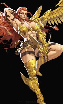 1girl abs angela_(marvel) armor bodypaint breasts cleavage highres large_breasts long_hair looking_at_viewer marvel marvel_rivals metal_bra mikeymegamega muscular muscular_female navel red_hair scar scar_on_stomach simple_background smile solo