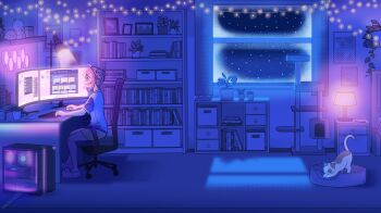 1girl animal_slippers bed cabinet cat cat_stretch chair commentary computer computer_keyboard computer_mouse cup dark desk desk_lamp double_bun english_commentary from_side hair_bun highres holding_computer_mouse indoors lamp monitor multiple_monitors nemupan night official_art on_chair pink_hair plant potted_plant shelf shirt short_hair short_sleeves shorts sidelocks sitting slippers solo steam_(platform) steam_delivery_girl stretching stuffed_animal stuffed_toy white_shirt white_slippers window yellow_shorts
