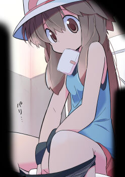 1girl bare_shoulders blue_shirt brown_eyes brown_hair food_in_mouth hair_between_eyes hat highres leaf_(pokemon) letterboxed long_hair looking_at_viewer menstruation mouth_hold nintendo obstructed_view panties panty_pull pokemon pokemon_frlg rascal_(feuille) shirt shorts sitting sleeveless solo sun_hat tank_top underwear voyeur_pov voyeurism