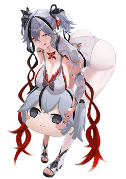 1girl :q absurdres adapted_costume alternate_breast_size_(larger) bent_over black_flower blake_bloom_(wuthering_waves) breasts camellya_(wuthering_waves) camellya_mascot_(meme) check_commentary chinese_commentary cleavage collarbone commentary_request flower grey_eyes grey_hair hair_between_eyes hair_flower hair_ornament hair_ribbon hair_vines hanging_breasts highres holding_mascot_head huge_breasts leien-l leotard light_blush looking_at_viewer mascot_head meme naughty_face open-toe_shoes pantyhose partial_commentary red_ribbon ribbon short_hair shrug_(clothing) simple_background solo standing tacet_mark_(wuthering_waves) toes tongue tongue_out white_background white_leotard white_pantyhose white_shrug wuthering_waves